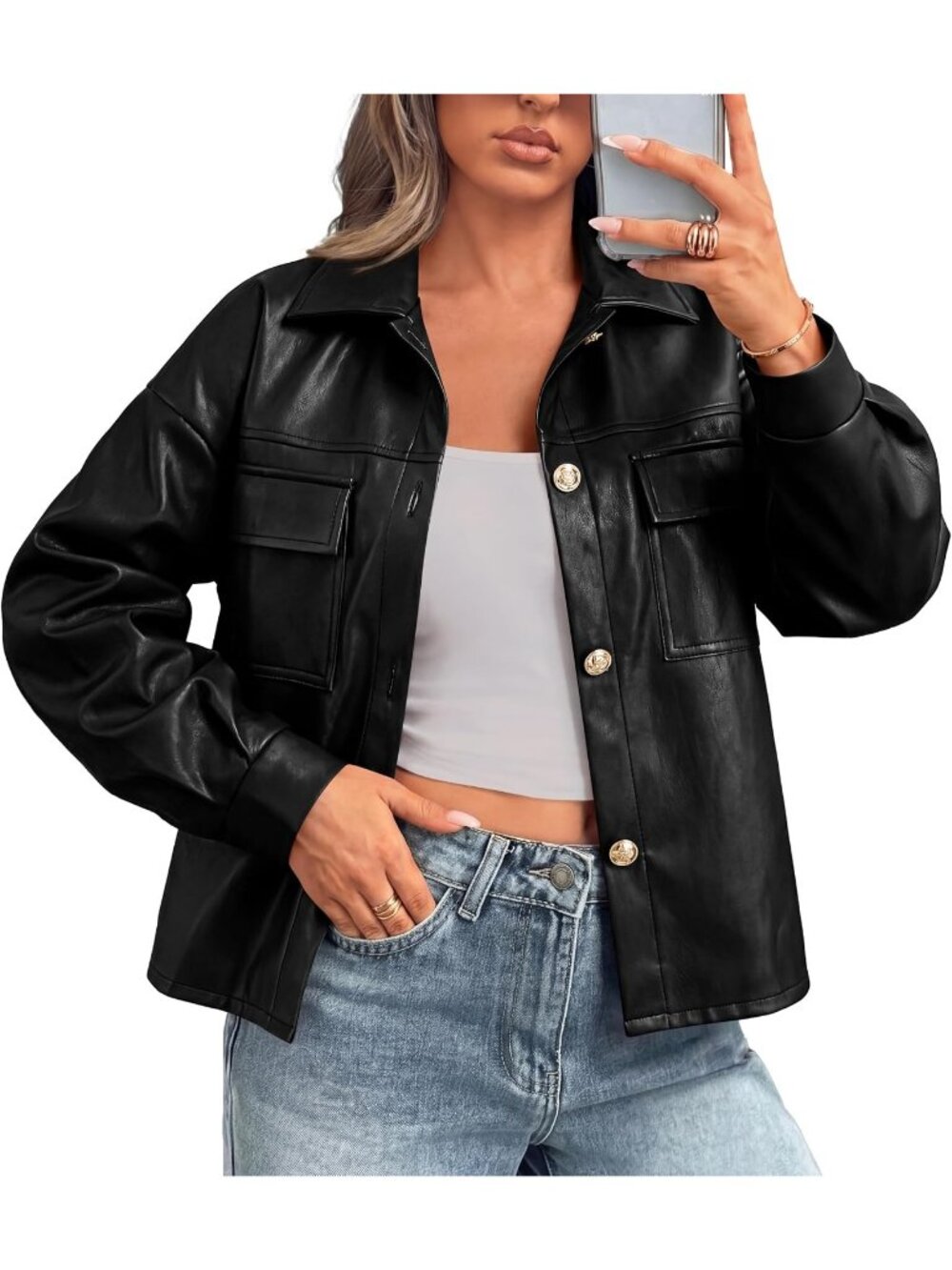 Women's Black Button Down Faux Leather Jacket Patch Pockets Motorcycle Jackets